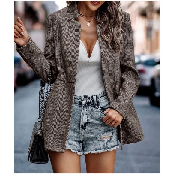 Classic Khaki Herringbone Blazer Jacket Coat - Picture 7 of 9